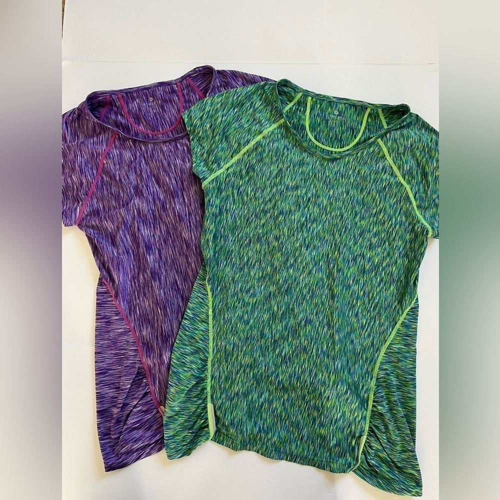Athleta Space Dye Ruched Front Athletic Tshirts Set of 2 Purple Green Size S